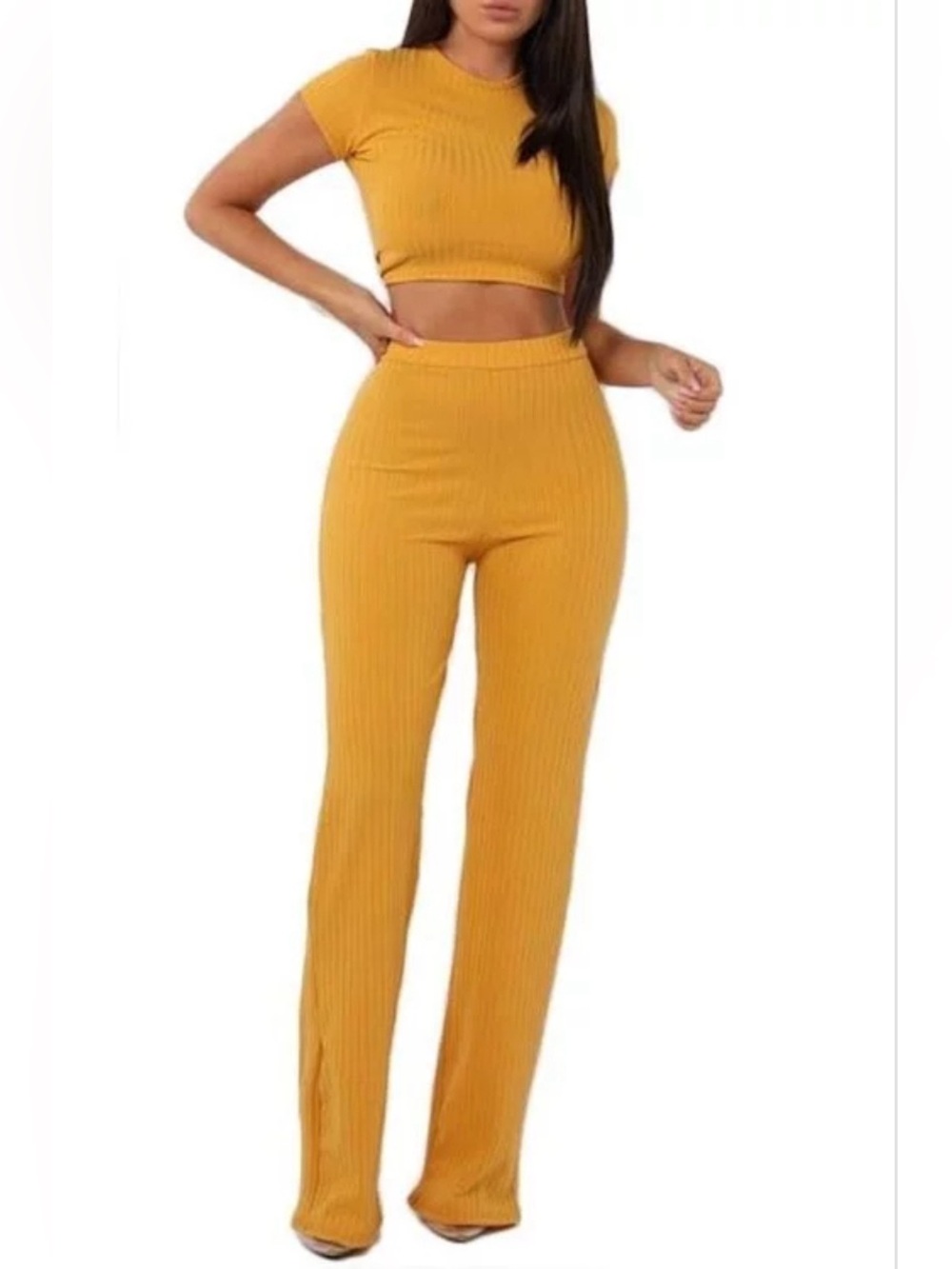 Ribbed High-Waist Wide-Leg Pants and crop top in Mustard